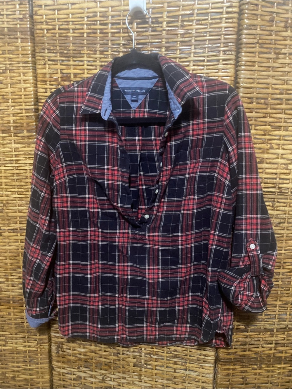 EUC Tommy Hilfiger RED BLACK flannel shirt half button up with roll up sleeves S